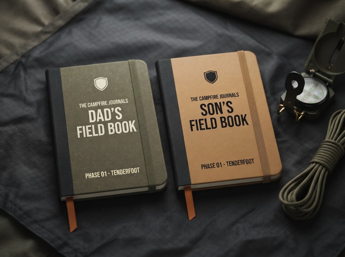 The Campfire Journals: an olive Dad's Field Book and a coyote tan Son's Field Book, Phase 01 Tenderfoot, beside a compass and paracord