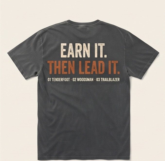 Charcoal t-shirt reading Earn It. Then Lead It. with the three trip levels