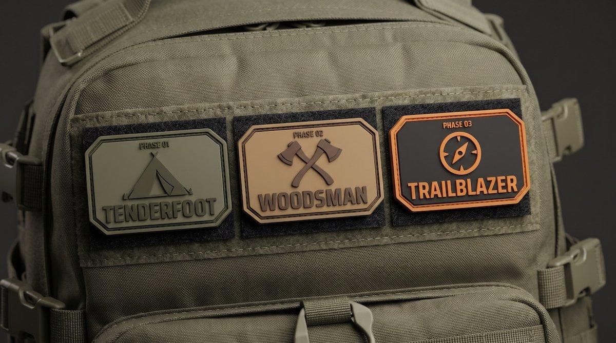 Three PVC phase patches on a tactical backpack: Tenderfoot, Woodsman and Trailblazer