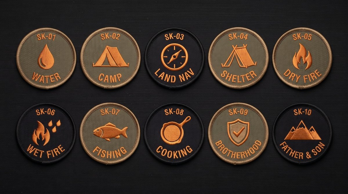 Ten embroidered skill patches, SK-01 Water through SK-10 Father and Son